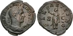 Roman Imperial Philip I. AD 244-249. Æ Sestertius (32mm, 19.52 g, 12h). Rome mint, 5th officina. 3rd emission, AD 244. Laureate, draped, and cuirassed bust right / Pax standing left, holding olive bra