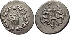 LYDIA, Tralleis. Circa 166-67 BC. AR Tetradrachm (23mm, 11.69 g, 11h). Cistophoric type. Athen-, magistrate. Cista mystica with serpent; all within ivy wreath / Bow-case with serpents; AΘHN above, ful