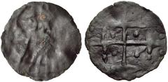 BULGARIA, Second Empire. Ivan Sracimir. 1356–1397. Æ Trachy (17mm, 0.56 g). Vidin mint. Half-length figure of Christ, with both hands raised; IC XC across upper field / Large ornate cross; pellet in e