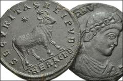 ROMAN. Imperial. Æ of Julian II & Jovian. Includes: Julian II. Æ 28mm. Heraclea mint, 2nd officina. Pearl-diademed, draped, and cuirassed bust right / Bull standing right; two stars above. •HERACL•B. 