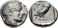 Greek ATTICA, Athens. Circa 454-404 BC. AR Tetradrachm (23.5mm, 17.10 g, 2h). Helmeted head of Athena right, with frontal eye / Owl standing right, head facing, closed tail feathers; olive spray and c