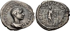 Roman Imperial Diadumenian. As Caesar, AD 217-218. AR Denarius (21mm, 2.78 g, 7h). Rome mint. 2nd emission of Macrinus, AD 217-218. Bareheaded, draped, and cuirassed bust right / Diadumenian standing 