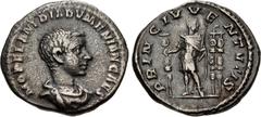 Roman Imperial Diadumenian. As Caesar, AD 217-218. AR Denarius (20mm, 2.79 g, 12h). Rome mint. 2nd emission of Macrinus, AD 217-218. Bareheaded, draped, and cuirassed bust right / Diadumenian standing