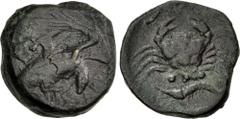 Greek SICILY, Akragas. Circa 415-406 BC. Æ Tetras – Trionkion (22mm, 8.63 g, 10h). Eagle, wings spread, standing right on, and tearing at, dead hare / Crab; below, three pellets (mark of value) above 