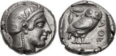 Greek ATTICA, Athens. Circa 454-404 BC. AR Tetradrachm (24mm, 17.16 g, 11h). Helmeted head of Athena right, with frontal eye / Owl standing right, head facing, closed tail feathers; olive spray and cr