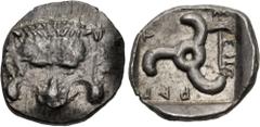 Greek DYNASTS of LYCIA. Mithrapata. Circa 390-370 BC. AR Sixth Stater (13mm, 1.42 g). Uncertain mint. Facing lion scalp / Triskeles; labrys in one section; all within incuse square. CNG E-473, lot 126
