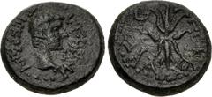 Roman Provincial LYDIA, Philadelphia (as Neocaesarea). Tiberius. AD 14-37. Æ (15mm, 3.32 g, 12h). Bare head right / Thunderbolt. Kurth 150 (under Tiberius Gemellus); LS 24 (under Tiberius Gemellus; sa
