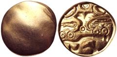 CELTIC, Northern Gaul. Uncertain tribe . Circa 58-50 BC. AV ¼ Stater (11mm, 1.33 g). Blank / Rooted tree (trophy?) with bar each side; rosette and pellets-in-annulets above, three connected pellets-in