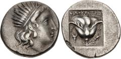 Greek ISLANDS off CARIA, Rhodos. Rhodes. Circa 188-170 BC. AR Drachm (15mm, 3.03 g, 12h). 'Plinthophoric' coinage. Philokrates, magistrate. Radiate head of Helios right / Rose with bud to right; boukr