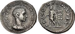 Roman Imperial Diadumenian. As Caesar, AD 217-218. AR Denarius (20mm, 3.05 g, 12h). Rome mint. 1st emission of Macrinus, AD 217. Bareheaded, draped, and cuirassed bust right / Diadumenian standing lef