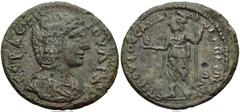 LYDIA, Sardis. Julia Domna. Augusta, AD 193-217. Æ 23mm (4.51 g, 6h). Draped bust right / Mên standing left, holding pine cone and scepter. Johnston, Greek -; SNG München 523 (same dies); SNG Copenhag