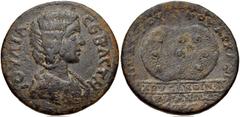 LYDIA, Sardis. Julia Domna. Augusta, AD 193-217. Æ 28mm (11.32 g, 7h). Draped bust right / Prize crown decorated with nine circles set on base inscribed XPVCANΘINA . Johnston, Greek var. (bust left, 5