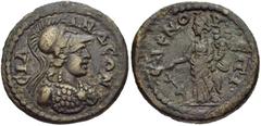 LYDIA, Silandus. Pseudo-autonomous issue. Time of Septimius Severus and Caracalla, AD 193-217. Æ 20mm (5.26 g, 6h). Bust of Athena right, wearing crested Corinthian helmet and aegis / Tyche standing l