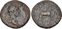 Roman Imperial Nerva. AD 96-98. Æ Sestertius (34mm, 26.16 g, 6h). Rome mint. Struck AD 97. Laureate head right / Two mules grazing, one left, one right; behind, high-wheeled cart, with pole and harnes