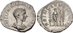 Roman Imperial Diadumenian. As Caesar, AD 217-218. AR Denarius (20.5mm, 2.97 g, 6h). Rome mint. 2nd emission of Macrinus, AD 217-218. Bareheaded and draped bust right / Diadumenian standing slightly l