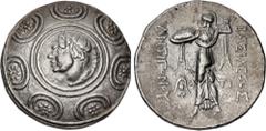 Greek KINGS of MACEDON. temp. Antigonos II Gonatas – Demetrios II Aitolikos. 246/5-229 BC. AR Tetradrachm (31mm, 16.87 g, 11h). Amphipolis or Pella mint. Horned head of Pan left, lagobolon behind, in 