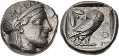 Greek ATTICA, Athens. Circa 454-404 BC. AR Tetradrachm (23.5mm, 17.15 g, 8h). Helmeted head of Athena right, with frontal eye / Owl standing right, head facing, closed tail feathers; olive spray and c