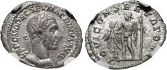 Roman Imperial Macrinus. AD 217-218. AR Denarius. Rome mint, 3rd officina. 1st emission, AD 217. Laureate and cuirassed bust right, wearing short beard / Jupiter standing left, holding thunderbolt and
