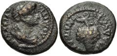 LYDIA, Philadelphia. Domitia. Augusta, AD 82-96. Æ 15mm (2.95 g, 6h). Draped bust right / Grape bunch. RPC II 1336; SNG Copenhagen 379. Near VF, dark green and brown patina.