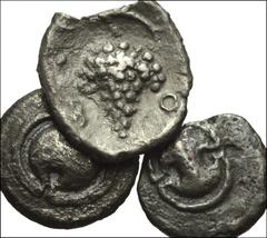 GREEK. Central & Southern Greece. AR of Boeotia, Federal Coinage. Includes: AR Hemiobol. Circa 395-340 BC. Boeotian shield / Grape cluster. BCD Boiotia 33 // AR Tetartemorion. Circa 395-340 BC. Boeoti