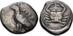 Greek SICILY, Akragas. Circa 495-485 BC. AR Nomos (22mm, 8.48 g, 4h). Sea eagle standing left / Crab within incuse circle. Westermark, Coinage, Period I, Group II, 109–11 var. (O46/R– [unlisted rev. d