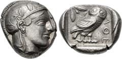 Greek ATTICA, Athens. Circa 454-404 BC. AR Tetradrachm (23mm, 17.19 g, 4h). Helmeted head of Athena right, with frontal eye / Owl standing right, head facing, closed tail feathers; olive spray and cre
