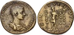 Roman Imperial Diadumenian. As Caesar, AD 217-218. Æ Sestertius (30mm, 22.34 g, 12h). Rome mint. 2nd emission of Macrinus, AD 217-218. Bareheaded, draped, and cuirassed bust right / Diadumenian standi