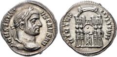Roman Imperial Constantius I. As Caesar, AD 293-305. AR Argenteus (19mm, 3.37 g, 6h). Ticinum mint. Struck AD 294. Laureate head right / VIRTVS MILITVM, the four tetrarchs sacrificing over tripod befo