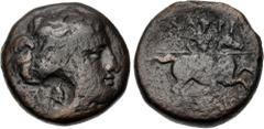 Greek THESSALY, Larissa. 3rd century BC. Æ Tetrachalkon (20mm, 8.71 g, 12h). Head of the nymph Larissa right; monogram to left; c/m: spiked helmet within incuse circle / Warrior, holding spear, on hor