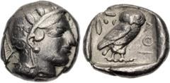 Greek ATTICA, Athens. Circa 454-404 BC. AR Tetradrachm (22mm, 17.13 g, 8h). Helmeted head of Athena right, with frontal eye / Owl standing right, head facing, closed tail feathers; olive spray and cre