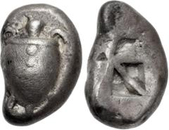 Greek ISLANDS off ATTICA, Aegina. Circa 525-480 BC. AR Stater (15mm, 11.96 g). Sea turtle, head in profile, with thin collar and row of dots down its back / Incuse square with 'windmill' pattern. Mead
