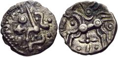 CELTIC, Britain. Dobunni . Antedrig. Circa 10 BC-AD 10. AR Unit (13mm, 1.18 g, 1h). Celticized head right / Celticized horse left; pellet-in-rings flanking, pellets around. Van Arsdell 1074-1; SCBC 37