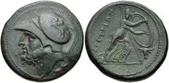 BRUTTIUM, The Brettii. Circa 211-208 BC. Æ Double – Didrachm (27mm, 15.65 g, 6h). Head of Ares left, wearing crested Corinthian helmet decorated with griffin; thunderbolt below / Hera Hoplosmia advanc