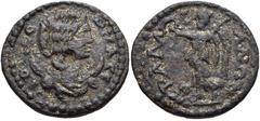 LYDIA, Tralles. Julia Domna. Augusta, AD 193-217. Æ 18mm (3.31 g, 6h). Draped bust right, crescent at shoulders / Nike advancing left, holding wreath and palm. SNG Munich -; SNG Copenhagen -; SNG von 