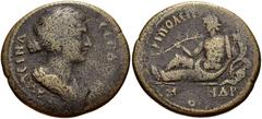 LYDIA, Tripolis. Faustina Junior. Augusta, AD 147-175. Æ 31mm (14.75 g, 6h). Draped bust right / River-god Maiandros reclining left, holding reed and cornucopia, resting on overturned amphora from whi