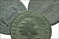 ROMAN. Provincial. Æ of Pisidia, Antiochia. Includes: Septimius Severus. Mên standing facing, head right, holding scepter and Nike; cock to left // Gordian III. She-wolf suckling twins // Gordian III.