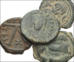 BYZANTINE. Æ from Justin II to Heraclius. Includes: Justin II, with Sophia. Æ Half Follis. Thessalonica mint // Tiberius II. Æ Decanummium. Constantinople mint // Maurice Tiberius. Æ Decanummium. Theo