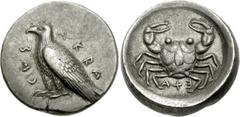 SICILY, Akragas. Circa 500-495 BC. AR Didrachm (8.78 g, 1h). Sea eagle standing left; AKRA-CAΣ (partially retrograde) around / Crab; A+Ǝ below; all within shallow incuse circle. Jenkins, Gela 6 var. (