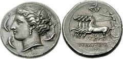 SICILY, Syracuse. Agathokles. 317-289 BC. AR Tetradrachm (17.28 g, 3h). Struck circa 317-310 BC. Head of Arethusa left, wearing wreath of grain ears, triple-pendant earring, and pearl necklace; three 