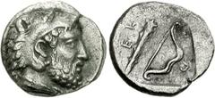 KINGS of MACEDON. Perdikkas III. 365-359 BC. AR Diobol (0.91 g). Bearded head of Herakles right, wearing lion skin / Bow and club; Π-EP around; all within shallow incuse square. Westermark, Remarks pl
