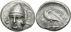 THESSALY, Larissa. Circa 370-360 BC. AR Drachm (5.92 g, 12h). Head of Aleuas facing slightly left, wearing conical helmet; labrys and AΛEYA to right / Eagle standing left, head right, on thunderbolt; 