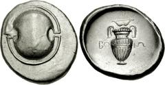 BOEOTIA, Federal Coinage. Circa 395-387 BC. AR Stater (12.24 g). Boeotian shield / Amphora; BO-IΩ across field, bow above; all within incuse concave circle. BCD Boiotia 7-8; Head, Boeotia p. 77; BMC p