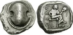 BOEOTIA, Thebes. Circa 450-440 BC. AR Stater (12.18 g). Boeotian shield / Female figure (Harmonia?), wearing long chiton, seated right, holding crested Corinthian helmet in her left hand, right hand o