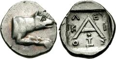 ARGOLIS, Argos. Circa 90-50 BC. AR Triobol (2.49 g, 12h). Leykios, magistrate. Forepart of wolf at bay right / Large A; Λ-EY/K-I/O-Σ in three lines around, herm below crossbar; all within incuse squar
