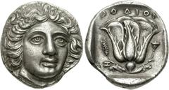 ISLANDS off CARIA, Rhodos. Rhodes. Circa 404-385 BC. AR Tetradrachm (15.50 g, 12h). Head of Helios facing slightly right / Rose with bud to right; POΔION above, grain ear and Z to left; all within inc