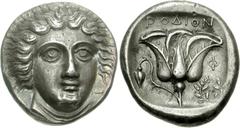 ISLANDS off CARIA, Rhodos. Rhodes. Circa 404-385 BC. AR Tetradrachm (15.22 g, 1h). Head of Helios facing slightly right / Rose with bud to left; POΔION above; to right, Φ above wreath; all within incu
