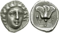 ISLANDS off CARIA, Rhodos. Rhodes. Circa 404-385 BC. AR Tetradrachm (15.14 g, 12h). Head of Helios facing slightly right / Rose with bud to left; POΔION above; T to left, kerykeion to right; all withi