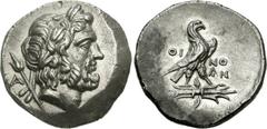 LYCIA, Oinoanda. Circa 200 BC. AR Didrachm (8.01 g, 12h). Head of Zeus right, wearing laurel wreath; A and scepter behind / Eagle standing right on winged thunderbolt; OI-NO/AN across field. Ashton, O