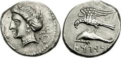 KINGS of CAPPADOCIA. Ariarathes I. 333-322 BC. AR Drachm (5.37 g, 12h). Sinope mint. Head of nymph left, hair in sakkos, wearing triple-pendant earring and necklace; aplustre before, MO behind / Sea-e