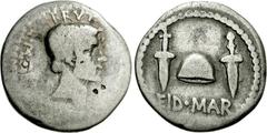 Brutus. Late summer-autumn 42 BC. AR Denarius (3.47 g, 12h). Mint moving with Brutus in northern Greece. L. Plaetorius Cestianus, magistrate. Bare head of Brutus right; BRVT above, [IMP] before, L • P